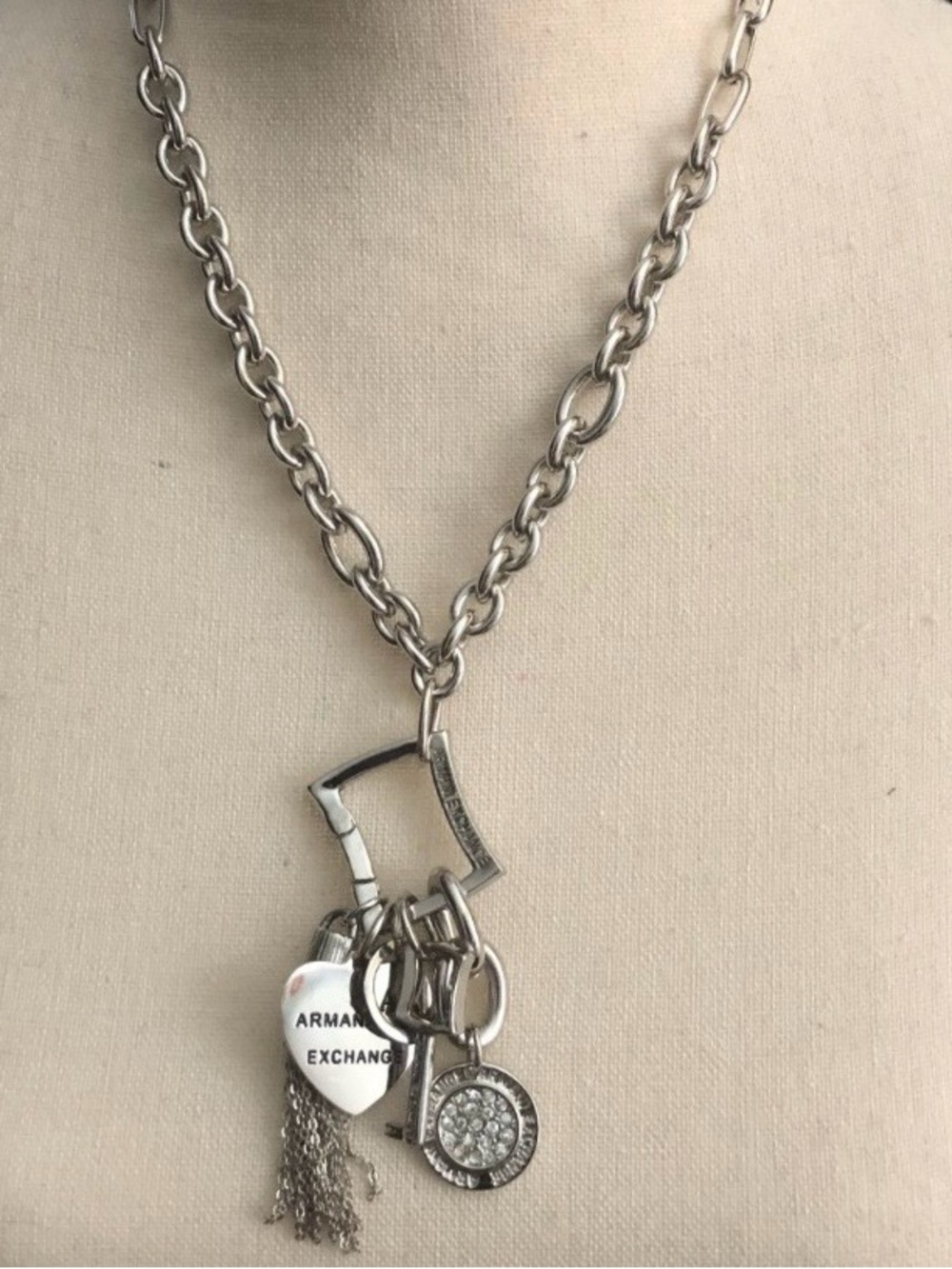 Armani Exchange Silver Charm Pendant Necklace with Heart & Tassel